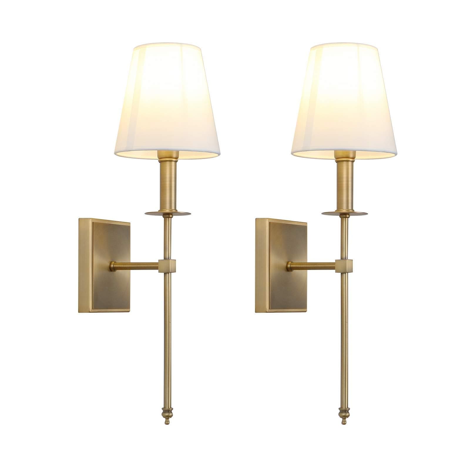 Permo Set of 2 Classic Rustic Industrial Wall Sconce Lighting Fixture 2 Pack Wall Light with Flared White Textile Lamp Shade and Antique Brass Tapered Column Stand