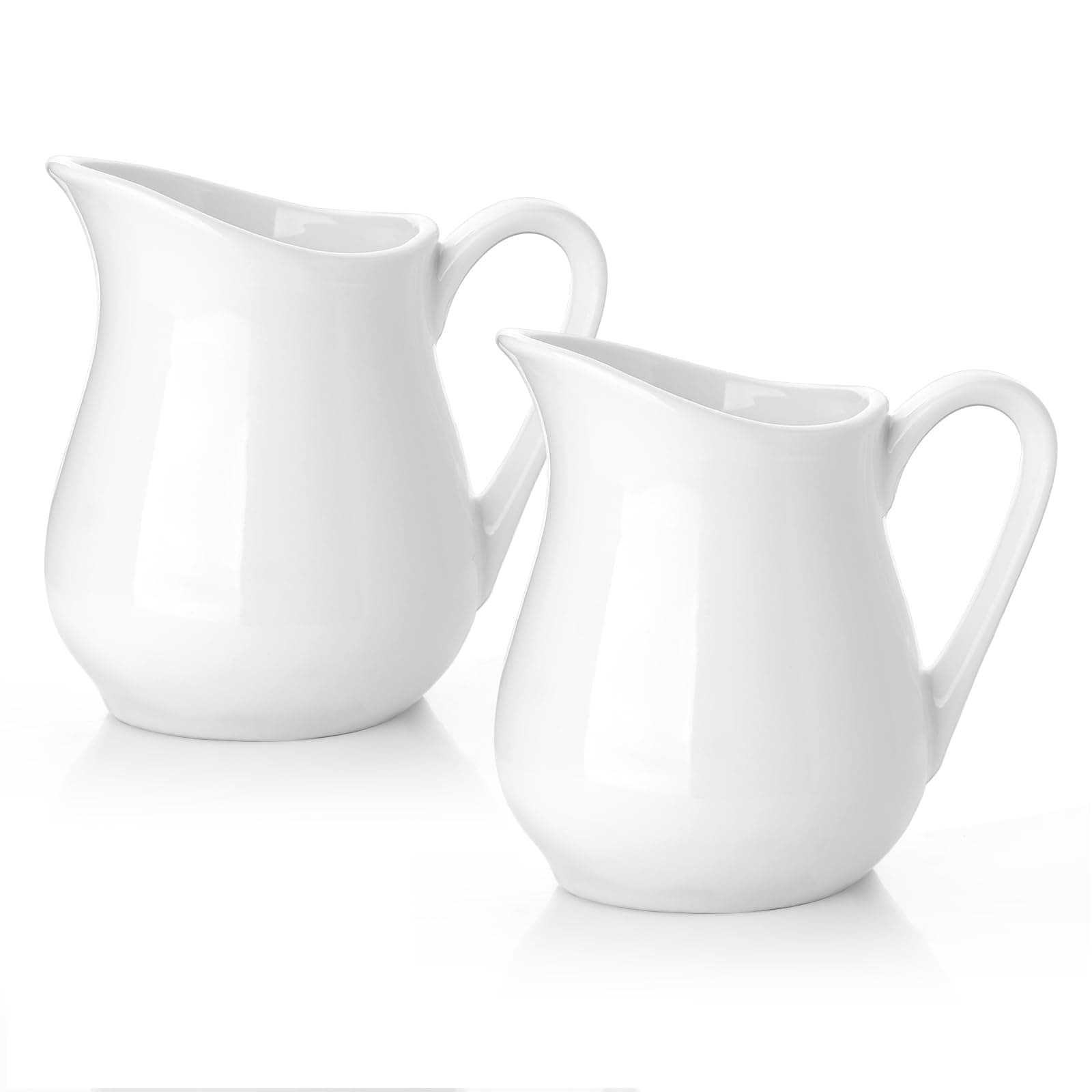 Nucookery Ceramic 4 Oz Creamer Pitcher Set, 2 Pack Creamer Container, White Small Milk Pitcher Container Cups with Handle For Sauces Salad Coffee Milk, Microwave & Freezer Safe, Set of 2