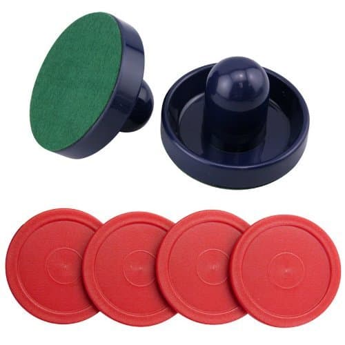 Set of Two Blue Air Hockey Pushers and Four Red Air Hockey Pucks Model: