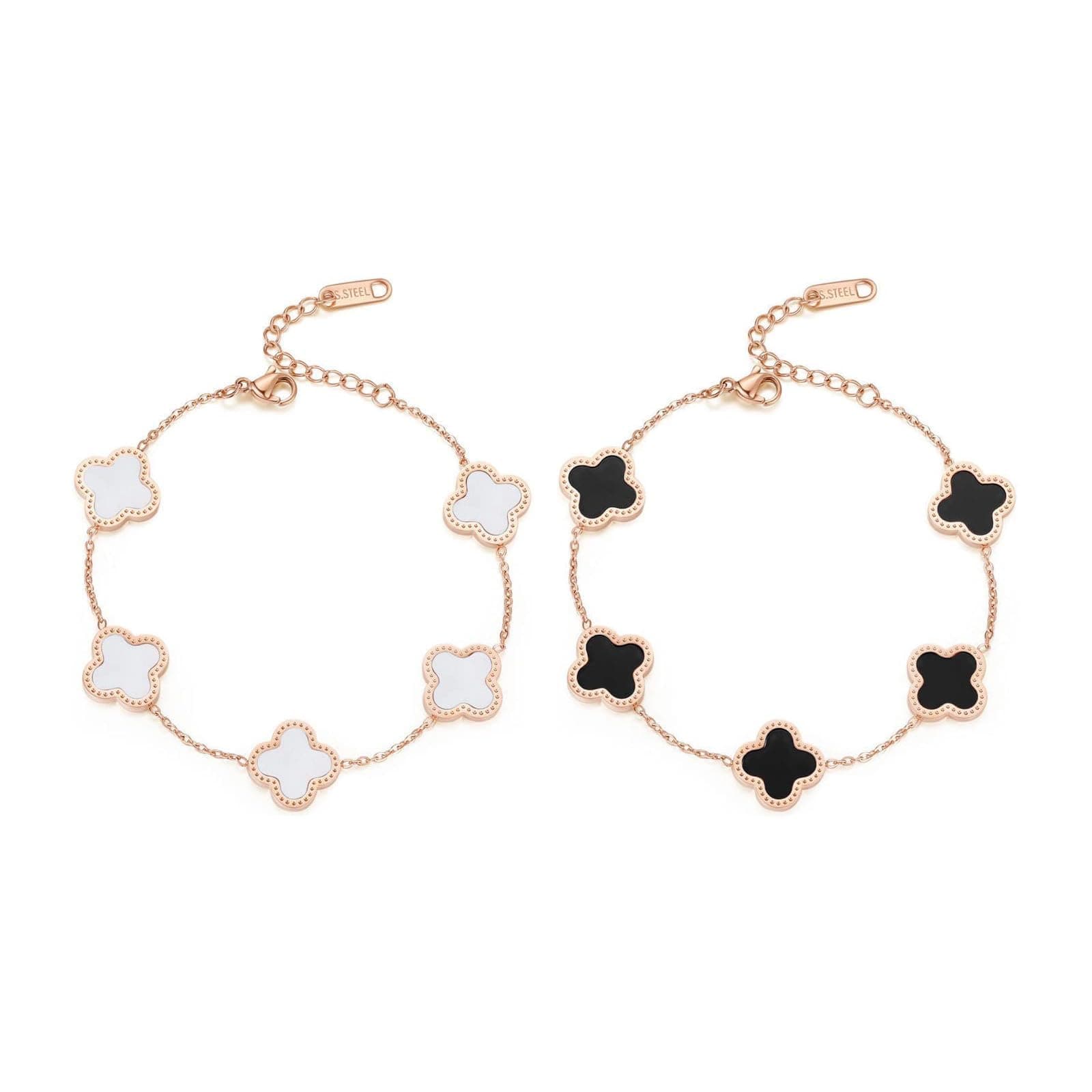 2PCS Four-Leaf Clover Bracelet, Women's Titanium Steel Bracelet, Exquisite Enamel Jewelry, Simple Design Style, Lucky Symbol, Jewelry Suitable for Girls and Ladies (Black+White)