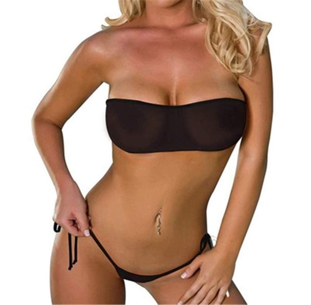– Women's three-point Mesh bikini,Summer Beach See-Through Mesh Bandeau Top, Mini Brazilian Thong Bottom