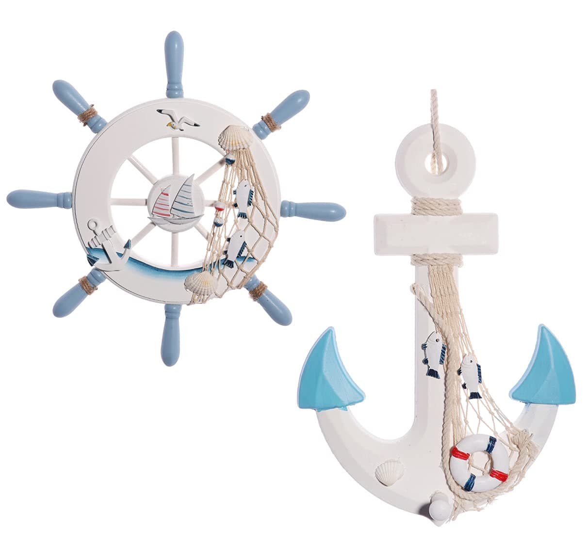 GengGeng 2 Pack 13 Beach Decor Wooden Ship Steering Wheel and Nautical Wooden Anchor, Nautical Boat Anchor Rudder Wall Door Hanging Ornament Decor Beach Theme Home Party Decoration (Light Blue)