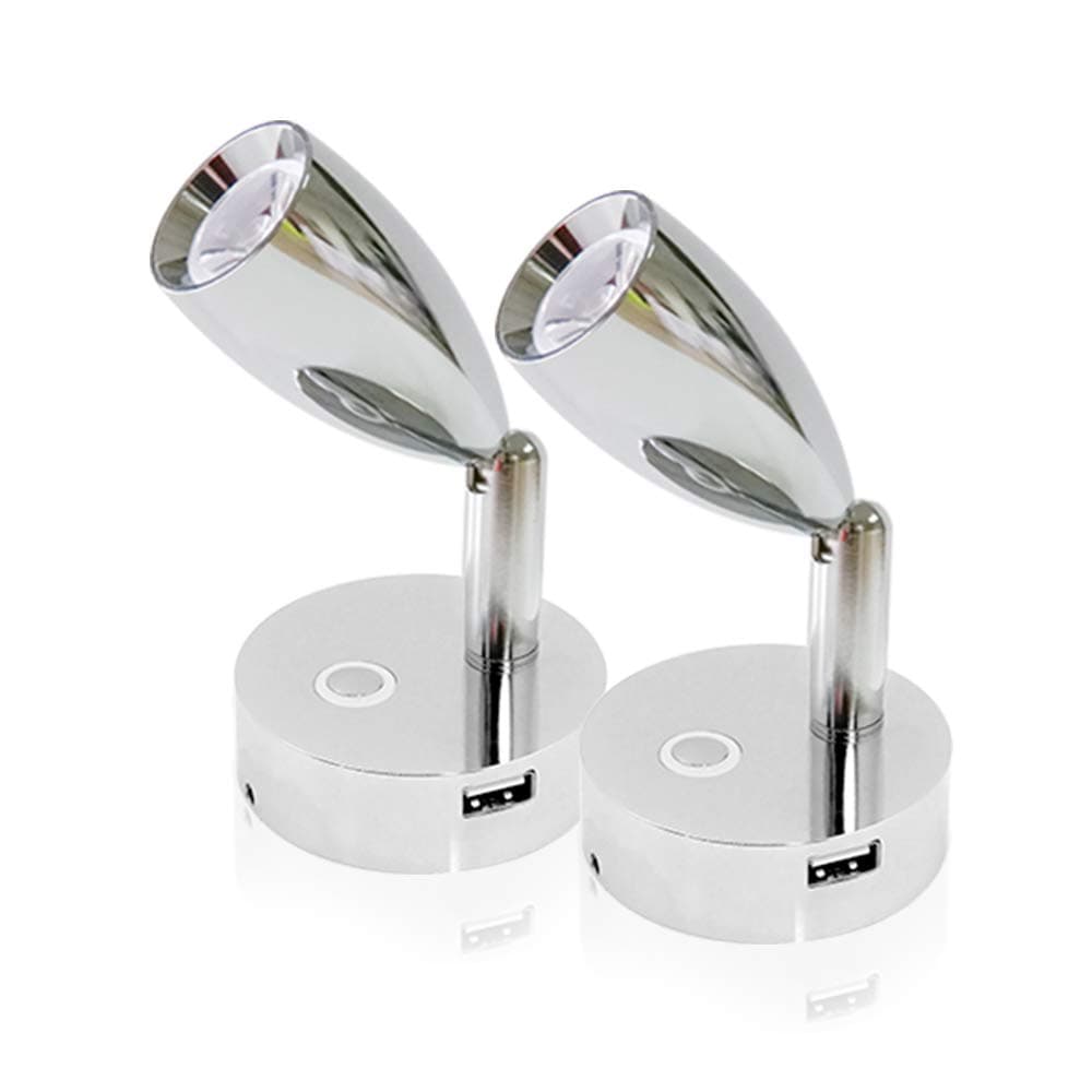 THALASSA RV 12V Spotlight USB Reading Light - Dimming Touch Switch with Blue Circle Night Light, Polished Chrome, Surface Mounted on Trailer Caravan Boat Inside as Bedside Light, Book Lamp, Pack of 2