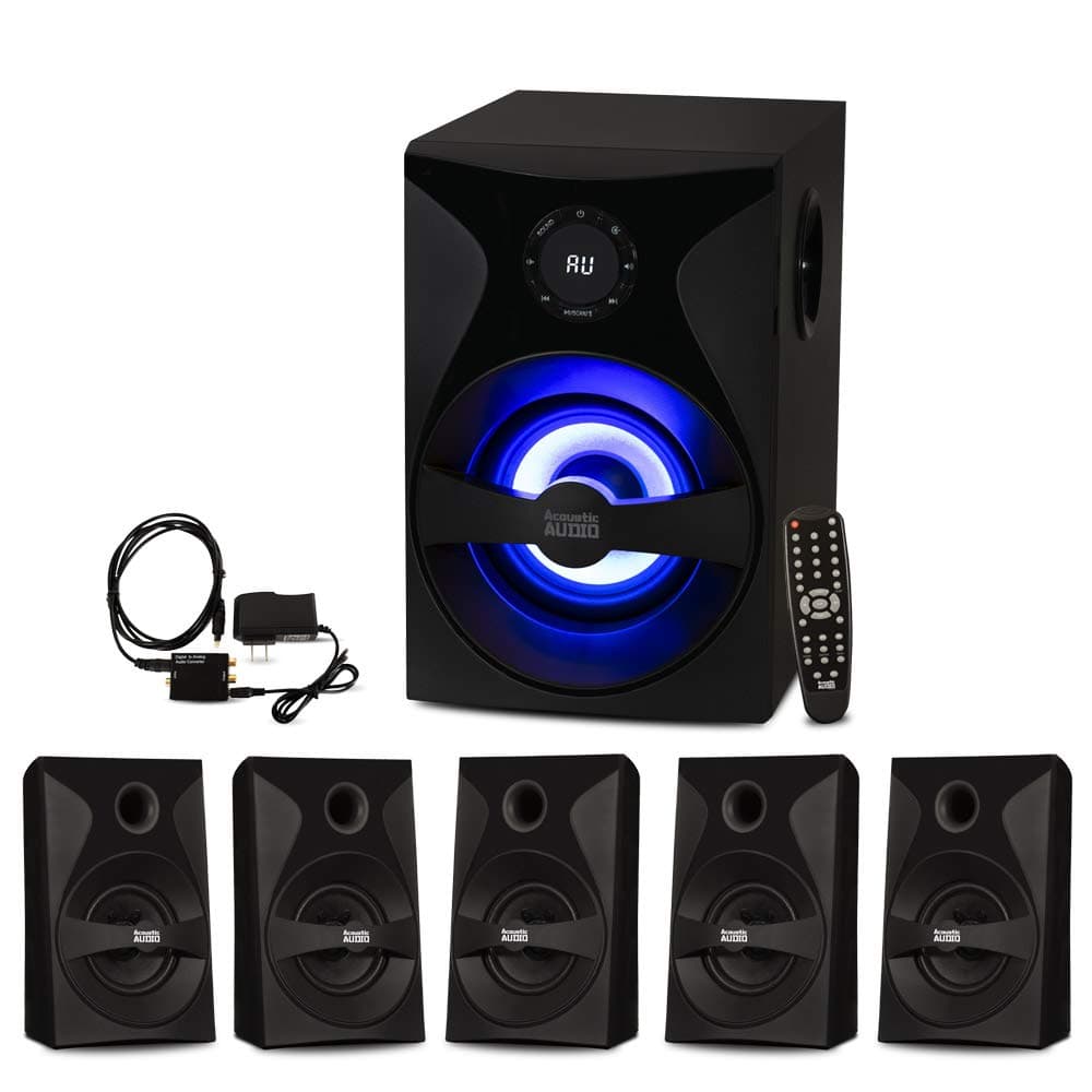 Goldwood Bluetooth 5.1 Surround Sound Home Theater Speaker System with LED Display, FM Tuner, USB/SD Inputs - 6-Piece Set with Remote Control, Black