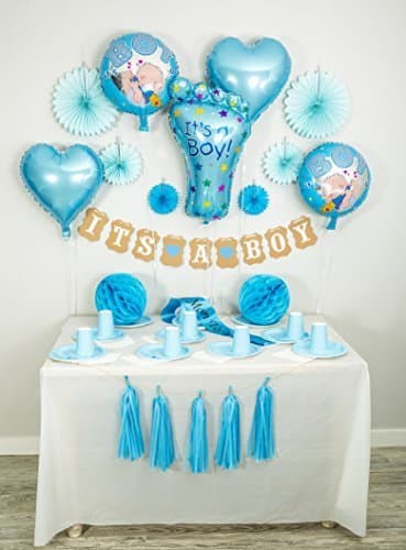 Baby Shower Decorations for Boy: It's a Boy Banner, FREE Mom to be Sash, FREE Foil Balloons, Tissue Paper Fans, Tassels, Blue, Honeycomb Balls, 20 pcs., Party Supplies, Indoor/Outdoor, Set