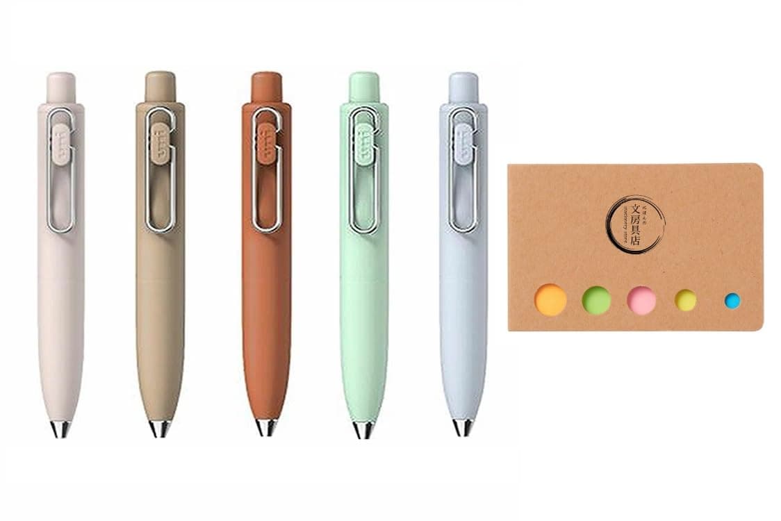 Ballpoint One P Gel Ink Rollerball pen, 0.38mm Black Ink, 5 Body Colors set Sticky Note(Japan Import)
