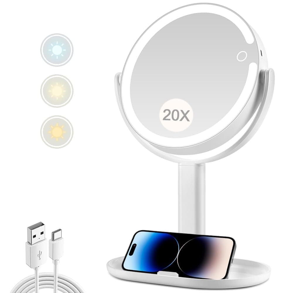 - MIYADIVA Makeup Mirror with Lights,20X Magnifying Mirror with Light and Touch Switch,Vanity Mirror with 3 Color Light and 80 LEDs,2-Sided Lighted Magnified Mirror 8.8 Inches