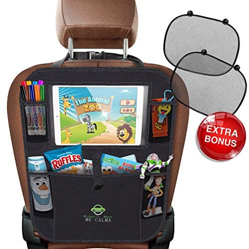 Car Backseat Organizer Tablet/Ipad Holder Up To 11" For Kids and Toddlers, Multipurpose Use - Kids Kick Mat, Auto Back Seat Protector, Car Organizer | Bonus: 2 Window Sun Shades - Road Trip Essentials