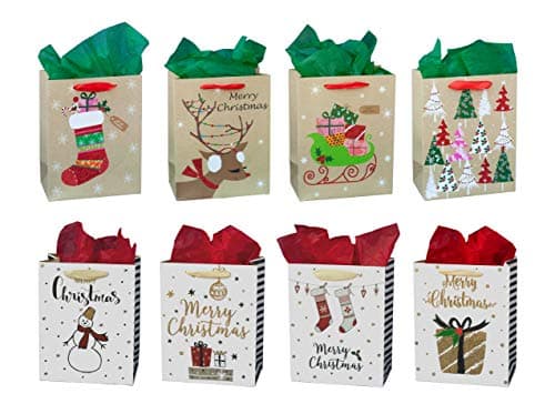 Viigift 24 pcs Set of Premium Christmas Bags with Glitter Package, 8 Bags and 16 Tissue Papers