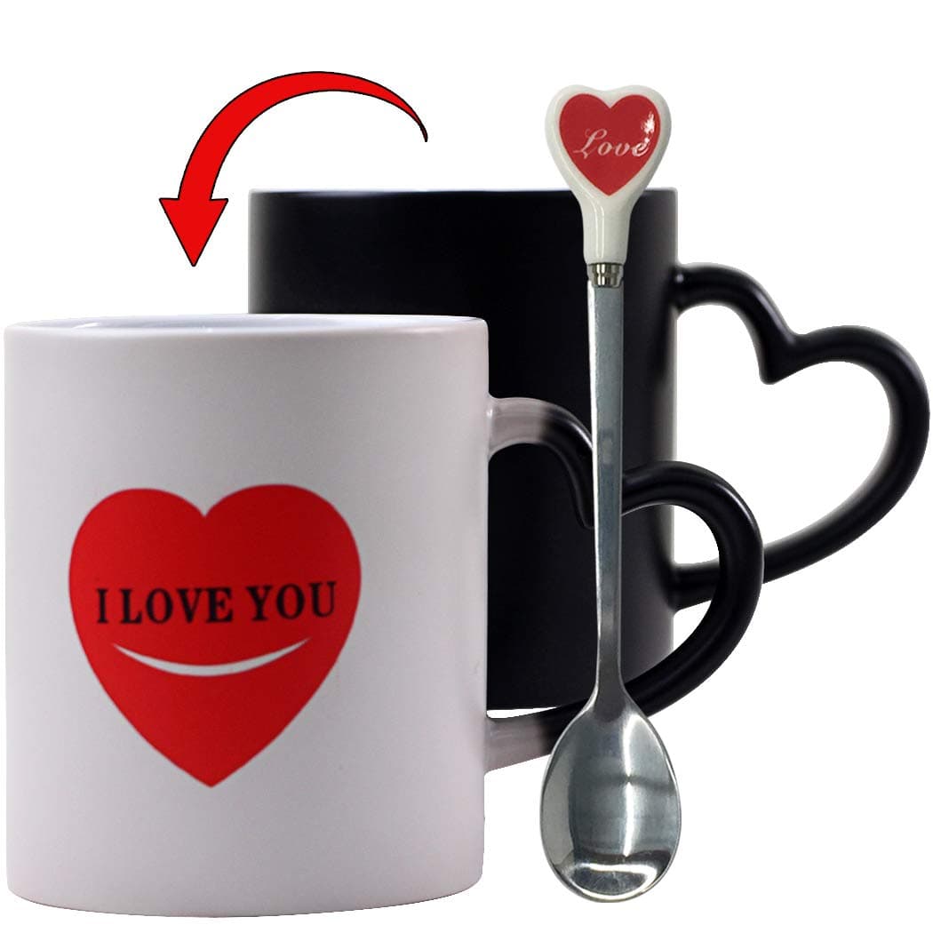Funny Mom Mug Color Changing Mugs Heat-Sensitive Mug Heat Changing Mug Spoons Set - YUWU Novelty Heart I Love You Morning Mugs Lovers Gift Magic Coffee Mugs Crazy Cat Lover Gift For Men Women Mom Dad
