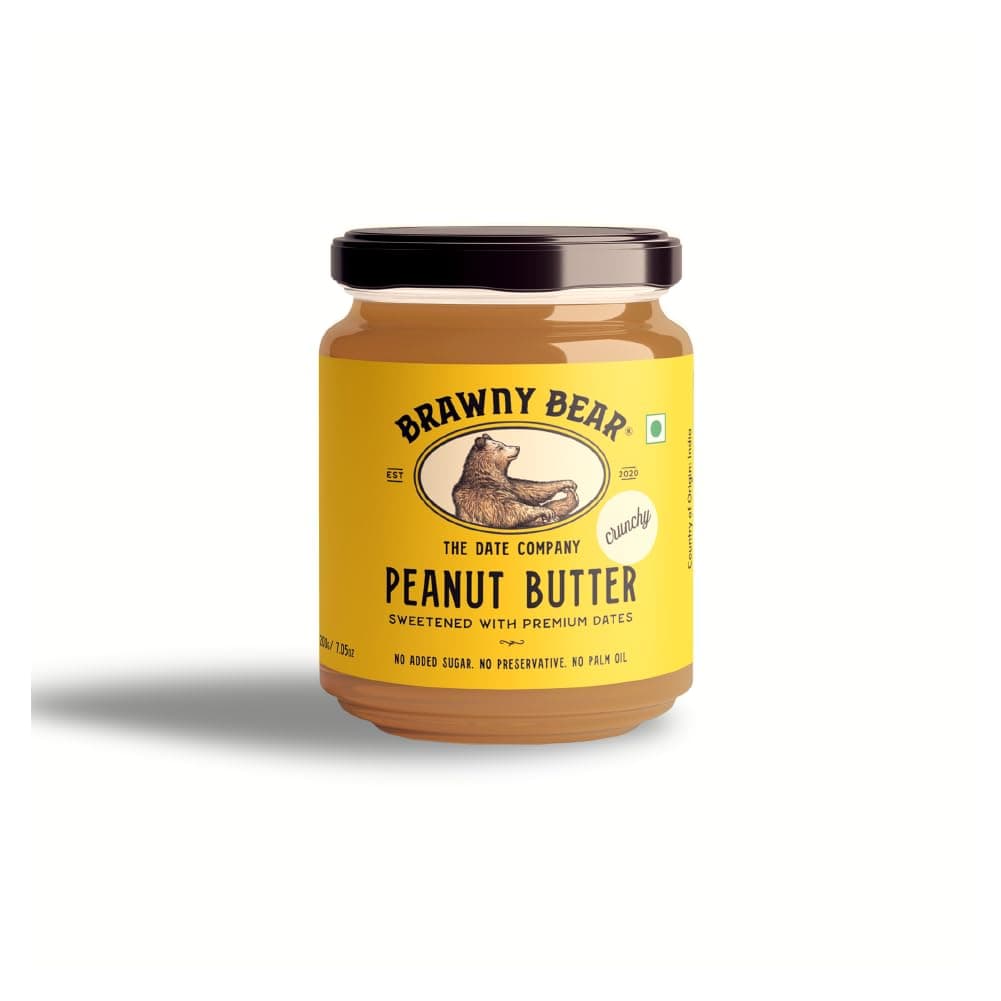 - Brawny Bear Peanut Butter Crunchy, Natural Sweetened with Dates, Healthy Nut Butter with No Added Sugar and Preservatives, Vegan, High in Protein Spread 500 gm