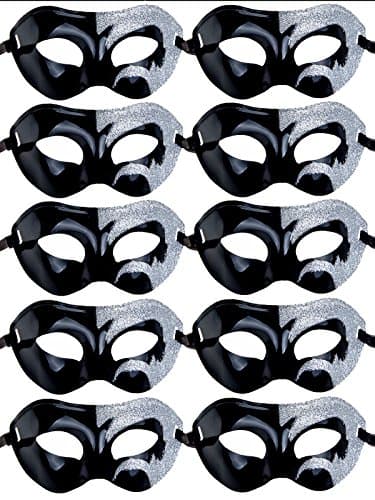 IETANG 10pcs Set Mardi Gras Half Masquerades Venetian Masks Costumes Party Accessory (0-Black&Silver)