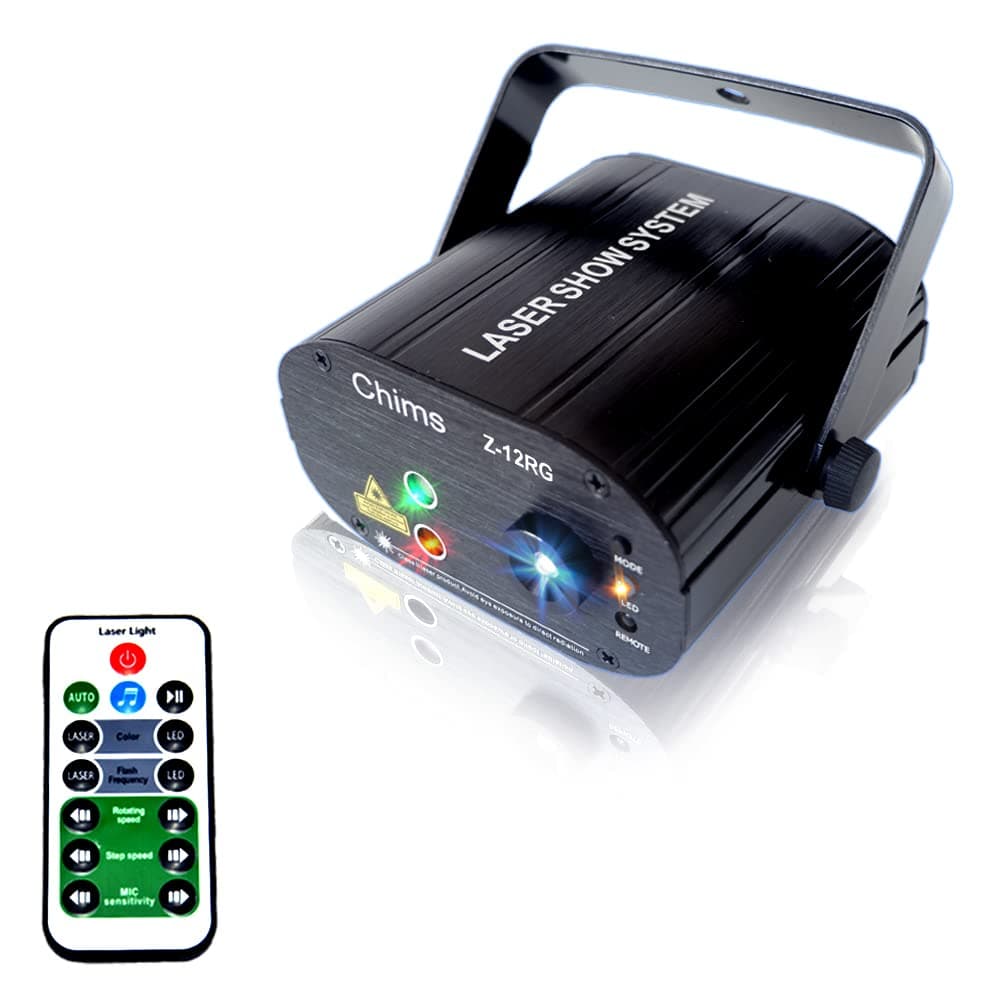 Chims DJ Party Lights Projector Red Green Lighting with LED 12 Patterns RG Color Decoration Lighting System for Family Party DJ Disco Bar Club Music Show Xmas Christmas (2 Lens RG 12 Patterns)