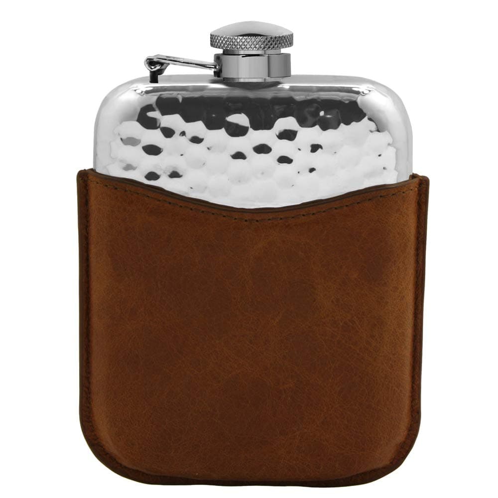 6oz Hammered Pewter Hip Flask With Captive Top and Luxury Brown Leather Pouch [PLF04]