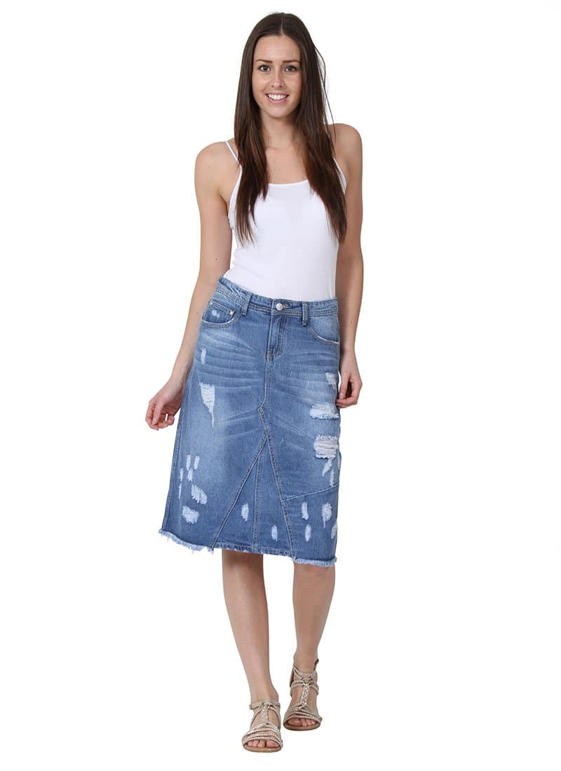 Mid-length Distressed Denim Skirt Destroyed Denim Midi Skirt Frayed Hem