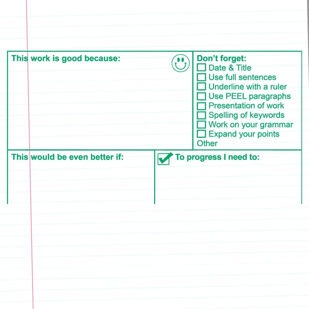 PEEL, Presentation, Spelling, Good because, EBI - KS2 Literacy Feedback & Marking Teacher Stamper. Large 5x10cm (Green)