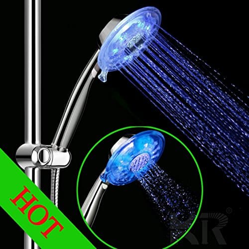 AmandaK LED Hand Showerhead with 8 Temperature-Sensitive, Color-Changing LEDs - Flexible Showerhead that Changes Water Color with Temperature - Safety Shower Changes Color when Water is Too Hot or Cold - Adjustable Easy-Fit Showerhead