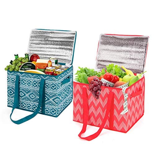 MaidMAX Reusable Insulated Grocery Box with Zippered Top, Shopping Tote Bag Cooler Bag for Food Transport, Travel, Picnic or Camping, Set of 2