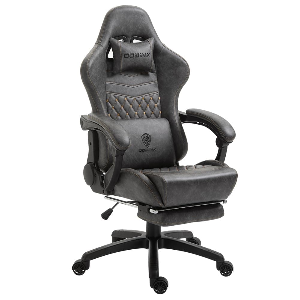 Dowinx Adjustable Gaming Chair PC Gaming Chair with Foot Rest, Gamer Chair with Massage Lumbar Support, Ergonomic PU Gamer Seat with Headrest, Racing Style Chair (Grey)