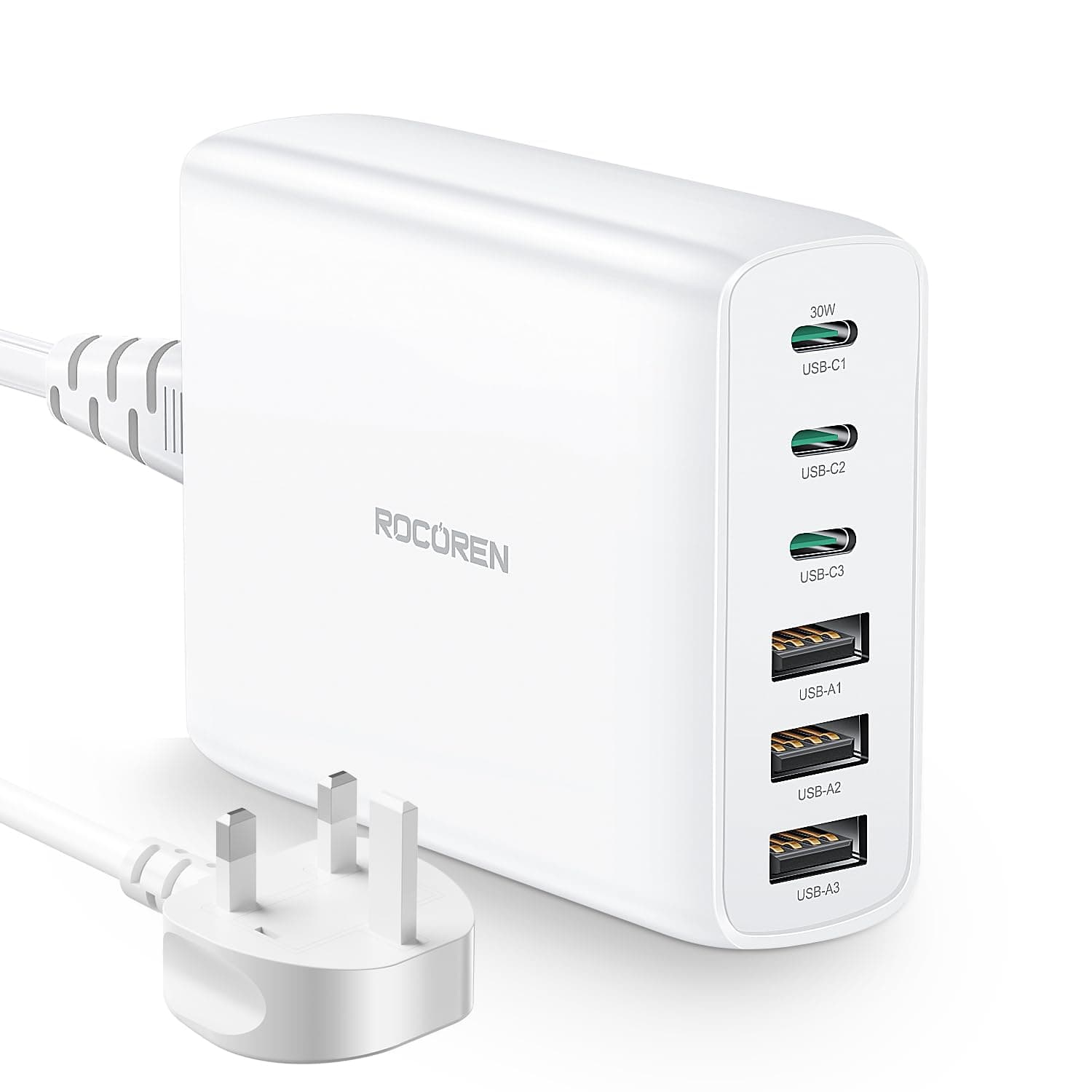 Rocoren USB Charging Station 100W, 6-Ports Multi Charger Hub, PD3.0 QC4.0 PPS Fast Charging Station with 1.5m UK Extension Cord Compatible with MacBook Air, iPhone 15, iPad Pro, Galaxy S24, Huawei