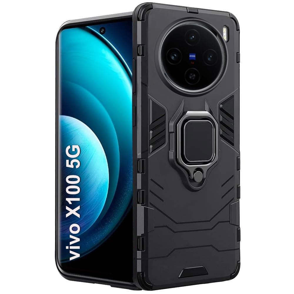 TheGiftKart Tough Armor Bumper Back Case Cover for Vivo X100 5G | Ring Holder & Kickstand in-Built | 360 Degree Protection Back Case Cover for Vivo X100 5G (PC & TPU, Black)