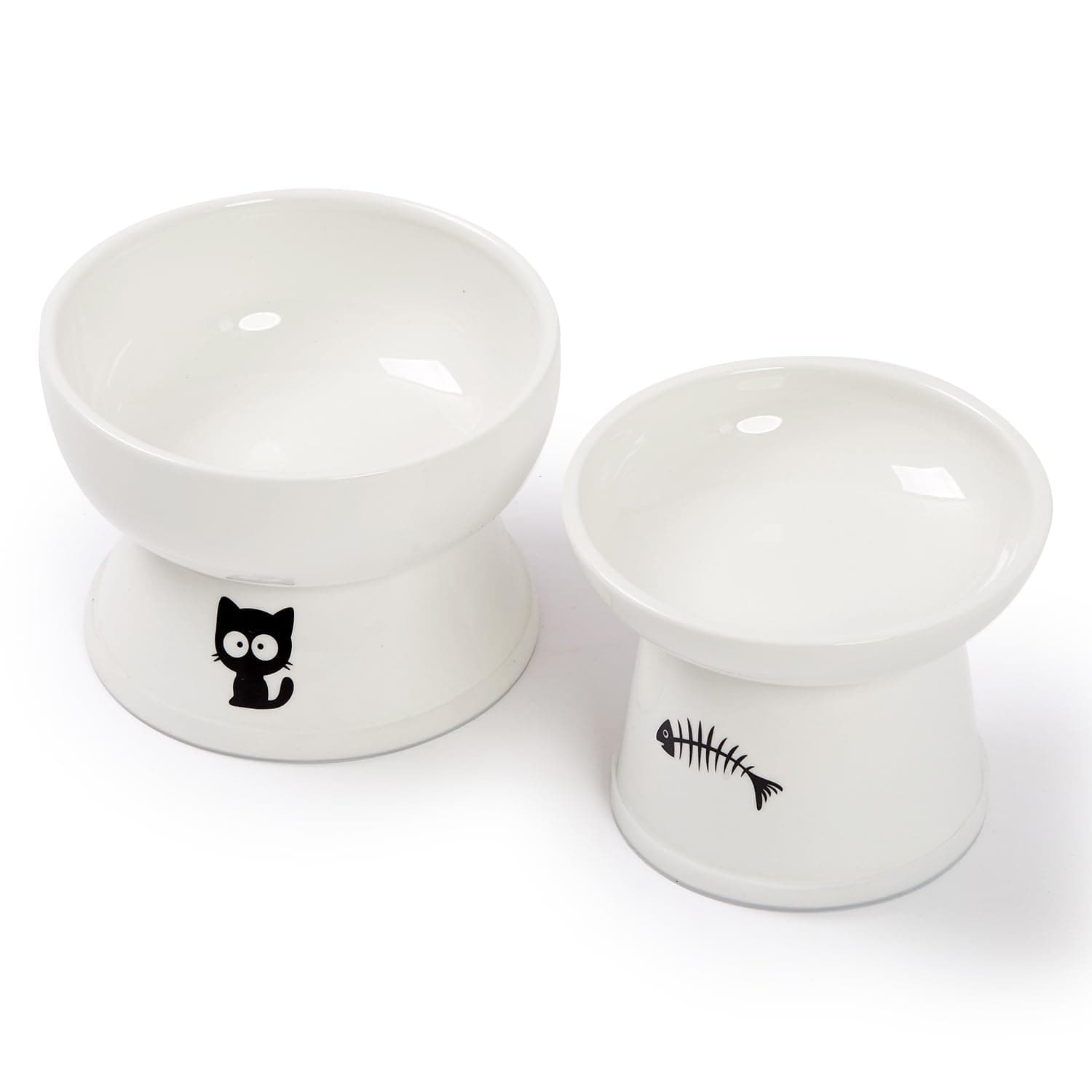 FOREYY Raised Cat Food and Water Bowl Set, Whisker Friendly Elevated Ceramic Cats Feeder Bowls with Anti Slip Ring, Anti-Vomiting Shallow High Porcelain Pet Kitten Dish, Dishwasher Safe(White)