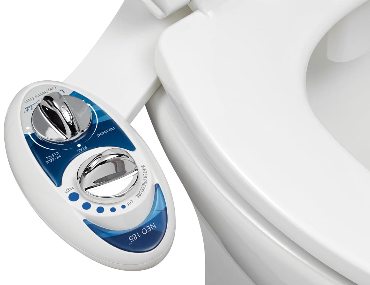 Luxe Bidet Neo 185 Elite Series Fresh Water Non-Electric Mechanical Bidet Toilet Attachment with Strong Faucet Valves, Metal Hoses, and Self-Cleaning Dual Nozzle, Blue and White