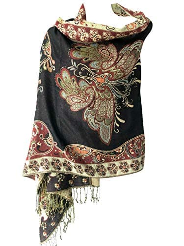 Women Soft Metallic Sparkly Double Layer Reversible Pashmina Shawl Wrap Shimmer Scarf (Butterfly (Yellow+Black/Gold))
