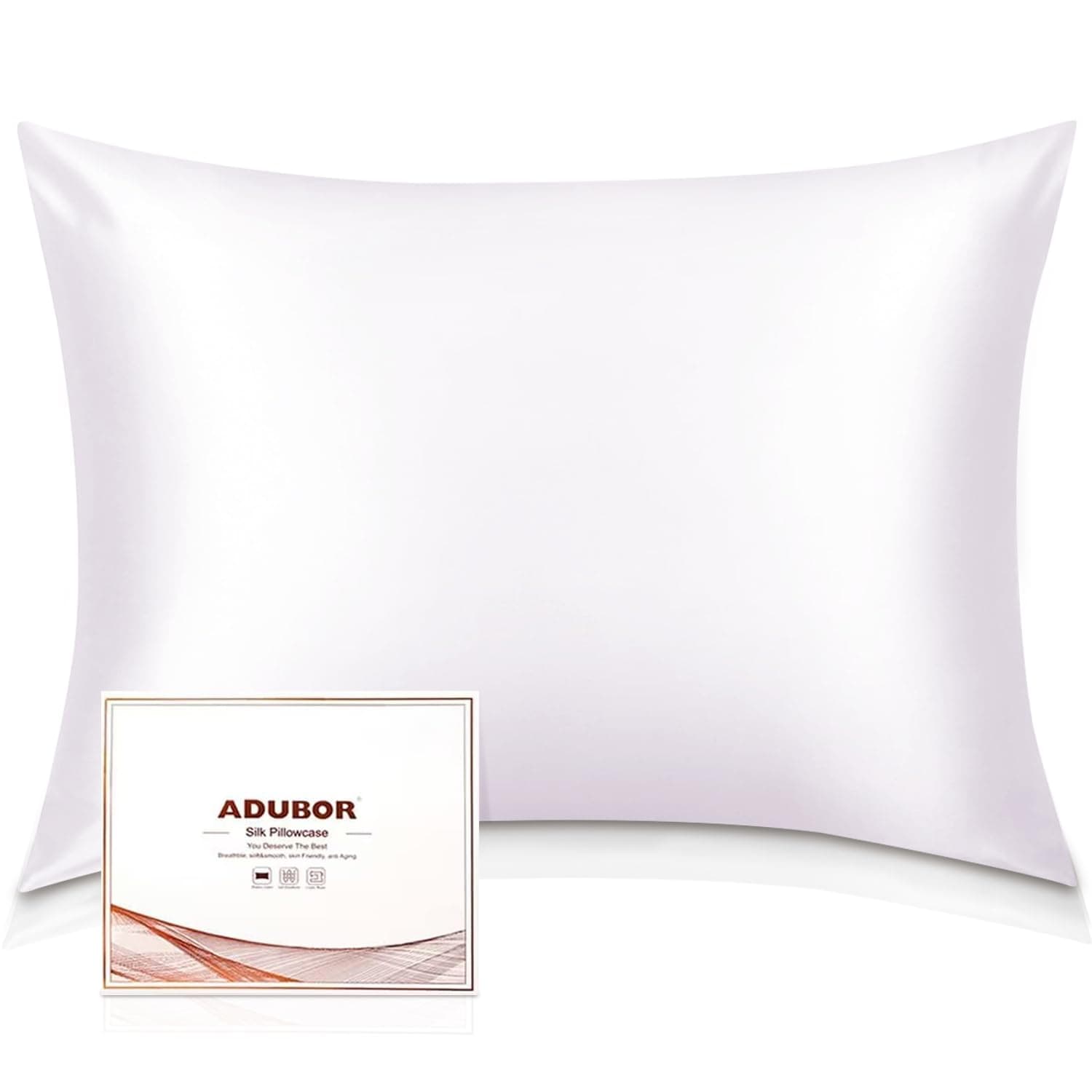 Adubor 100% Silk Pillowcase - Mulberry Silk Pillow Cases, 23 Momme 6A Grade Fibers, Silk Pillow Case for Hair and Skin Health, with Hidden Zipper (Standard 20''×26'', White, 1PC)