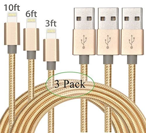Yakonn AA06 Charging Cable Lightning Cable 3', 6', 10' iPhone Cable USB Sync and Charging Cord for iPhone 7 Plus/7/6S Plus/6 Plus/SE/5S/5C/5, iPad 2/3/4 Mini, iPad Pro Air - Golden - 3 Piece