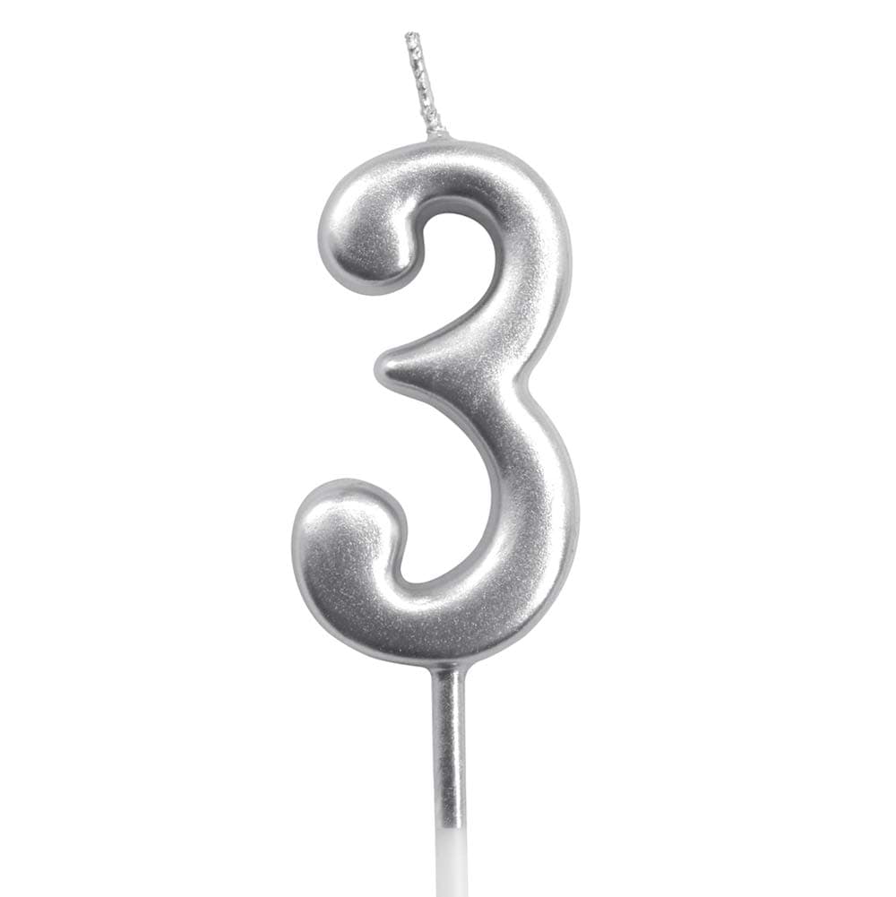 Silver Birthday Candles Number 3 Cake Topper Decoration Glitter Candle for Party Anniversary