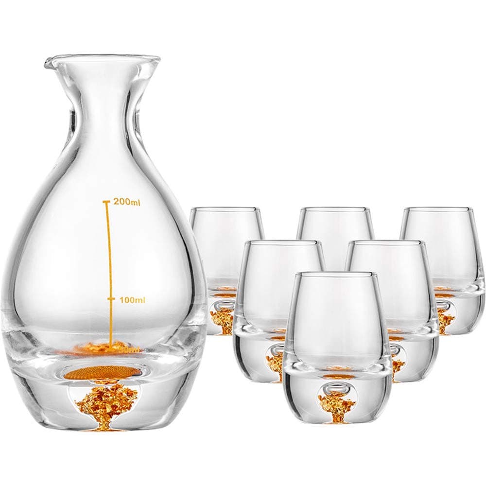 JIASHU Sake Set, Japanese Sake Glasses, Shochu Glass Tableware, Clear Unique Elegant Floating Design, with 1 Sake Carafe Bottle and 6Cups for Cold/Warm/Hot, Gift Set