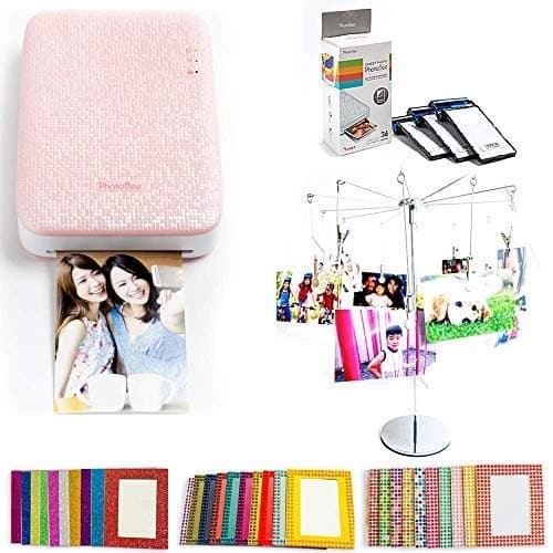 Portable Sticker Photo Printer Party Package - Pink (Photo Printer Set with 48 Sheets of Sticky Backed Photo Paper, 30 Sparkling Frames, 1 Metal Photo Tree with Clips)