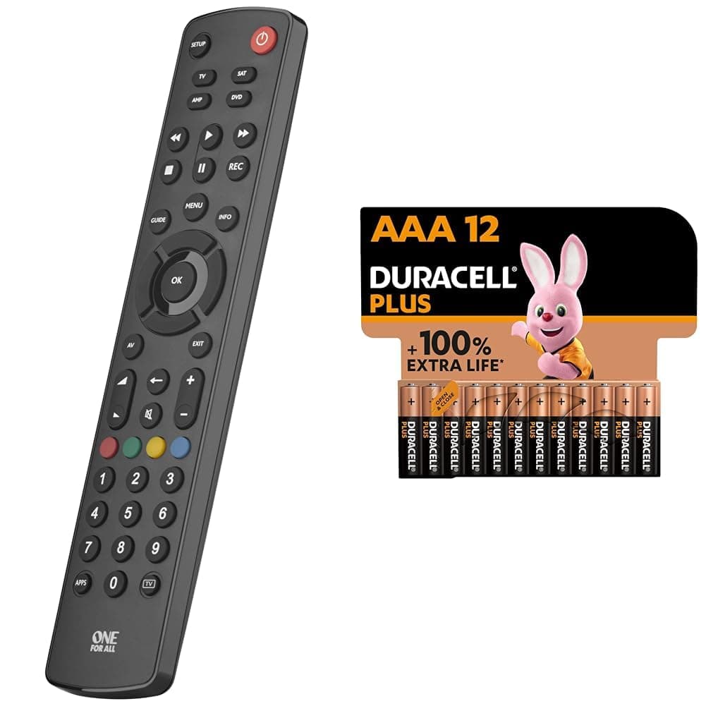 One For All Contour 4 universal remote control TV - control of 4 devices & Duracell Plus AAA Batteries (12 Pack) - Alkaline 1.5V - Up To 100% Extra Life