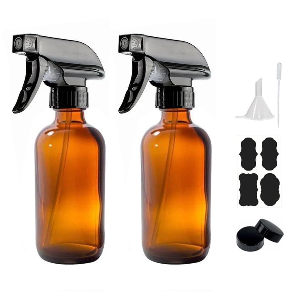 8 oz Amber Glass Spray Bottles - 2 Pack Refillable Empty Bottle for Cleaning Solutions, Essential Oils, Plants, Hair Mister - with Labels &Funnel, Dropper