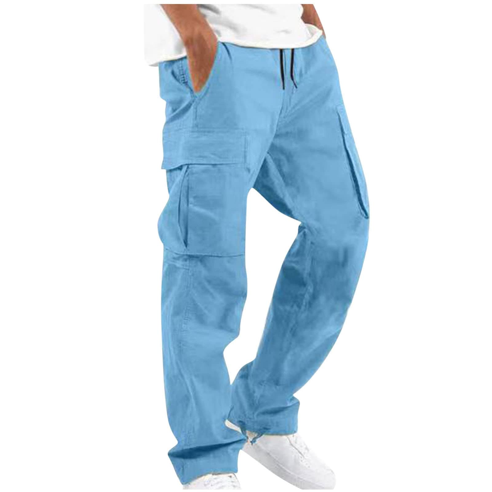 Linen Pants for Men Outdoor Fashion Multi Pockets Cotton Cargo Pants Classic Elastic Waist Solid Tactical Trouser