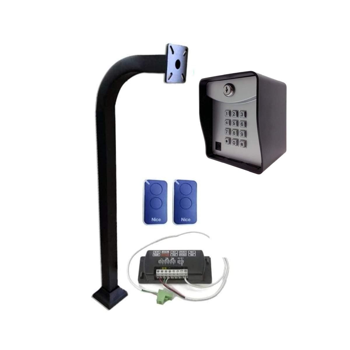 Ridge Apollo Gate Keypad S-14-100-A 433 MHz Control Wireless, Nice Apollo FLOX2R Universal Receiver Digital 2-Channel Wireless 433.92 MHz, Aluminum Gooseneck 2"x2"x42", 2 Apollo Nice Remotes Blue