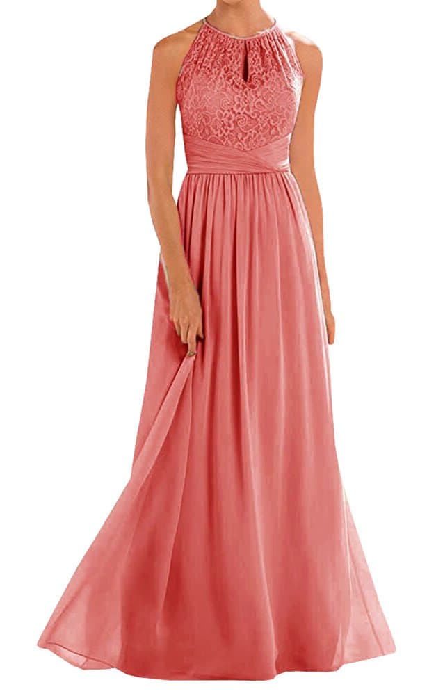Women's Halter Lace A-Line Chiffon Floor-Length Bridesmaid Dress
