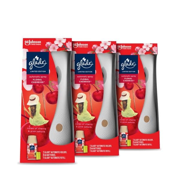 Automatic Air Freshener Holder & Refill, Room Spray & Odour Eliminator for Home, Frosted Floral Cherries, Pack of 3 Starter Kits, (3 x Holder and 3 x 269ml Refills)
