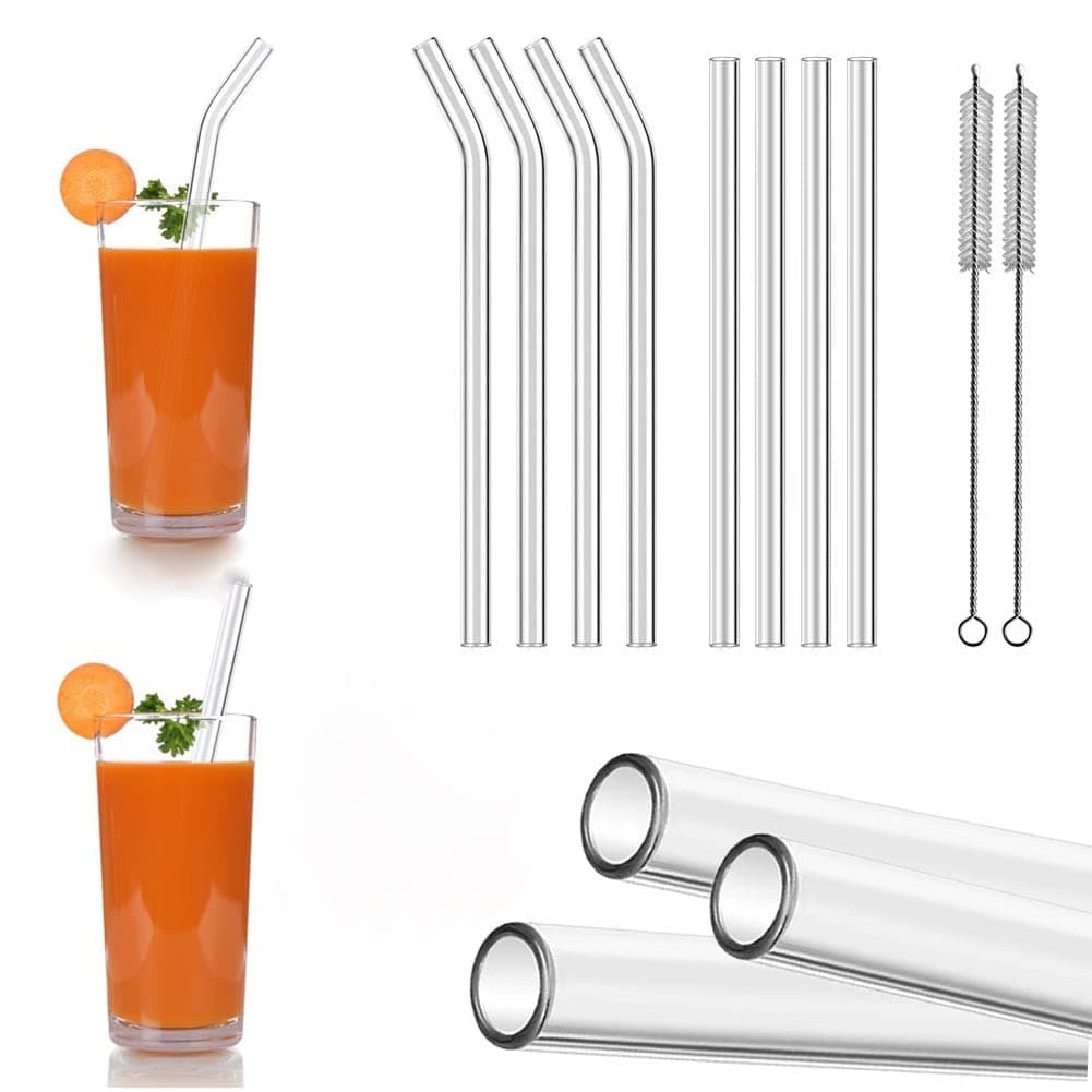 KeyZone 8pcs Reusable Glass Drinking Straws Set for Milkshakes, Frozen Drinks, Smoothies, Bubble Tea, Juice, 4pcs Straight Straws and 4pcs Bent Straws with Clean Brush