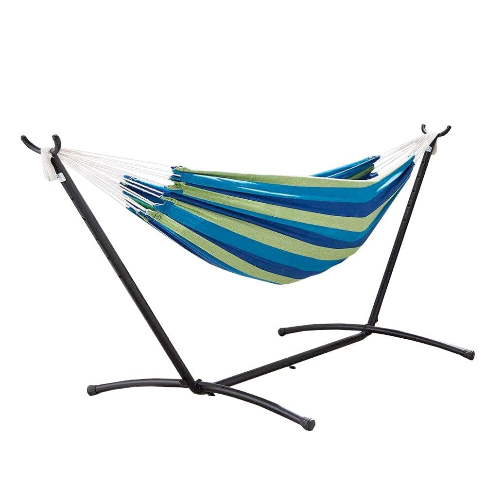 Trueshopping Double Hammock with Folding Stand - Freestanding Portable Hammock Swing with Multicoloured Blue & Green Stripe Design ideal for Garden, Camping & Travel