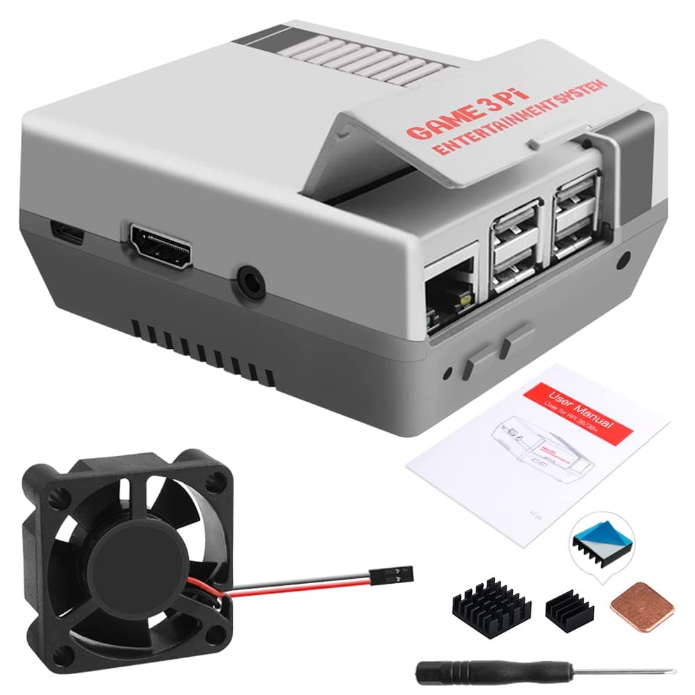 Retro Gaming Nes3Pi Case for Raspberry Pi 3 Model B/B+, ABS Case with Cooling Fan Heatsinks for Raspberry Pi 2B/3B/3B+
