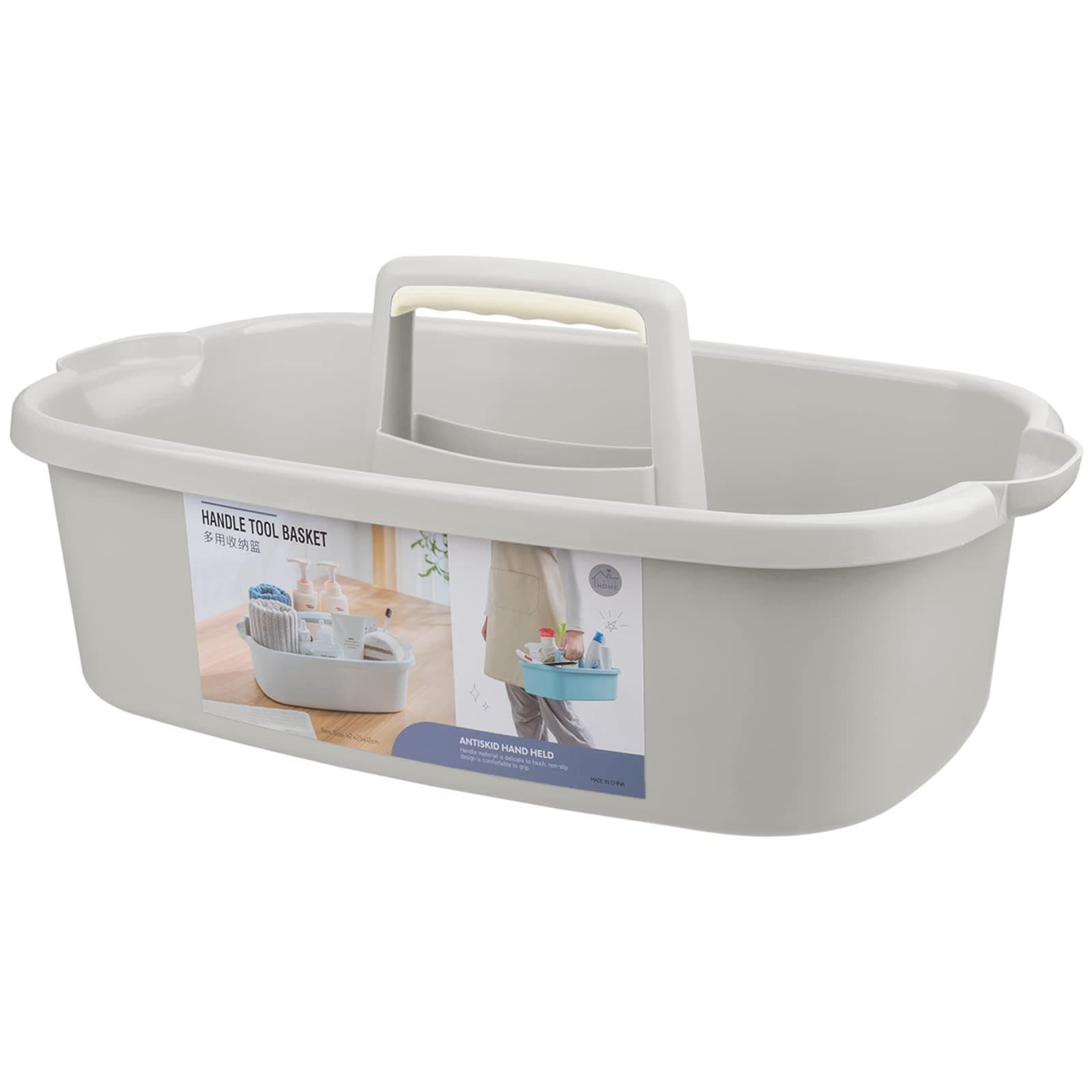 Large Cleaning Supplies Caddy Portable Shower Basket Supply Organizer with Handle Plastic Bucket Tool Storage for Bathroom, Bedroom, Kitchen, College Dorm, Garden, Light Grey