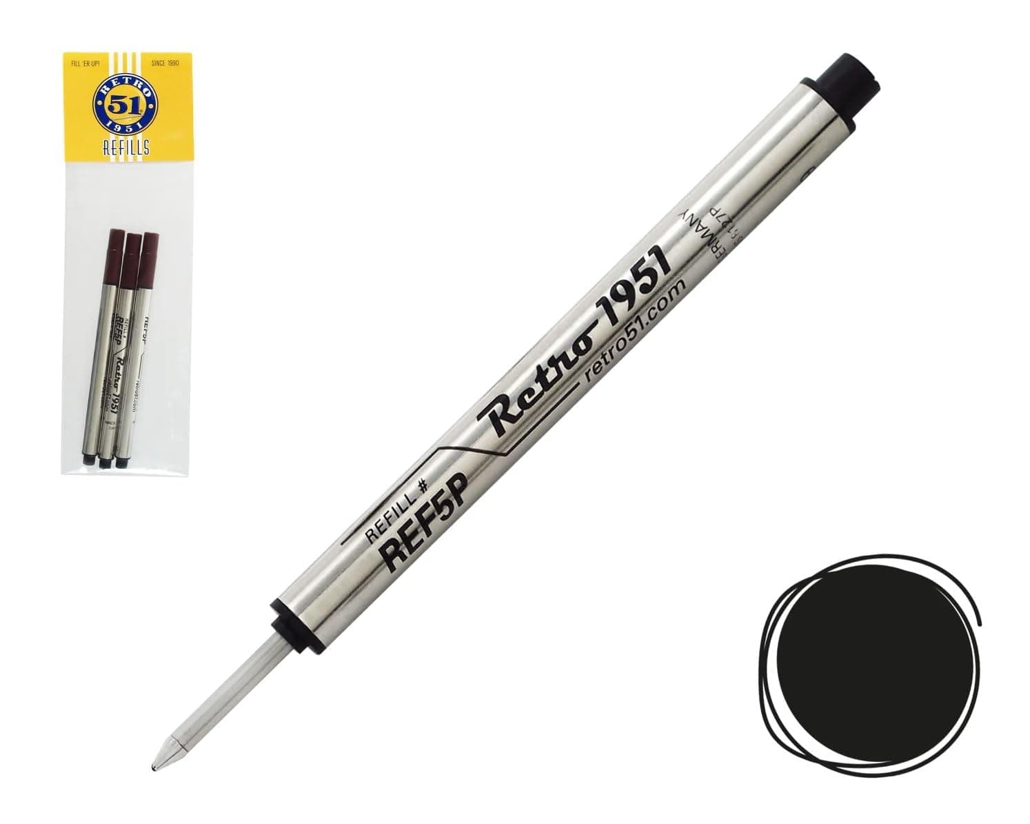 Retro 1951 Short Capless Rollerball Ink Refill, Black, 3-Pack (REF5P-B)
