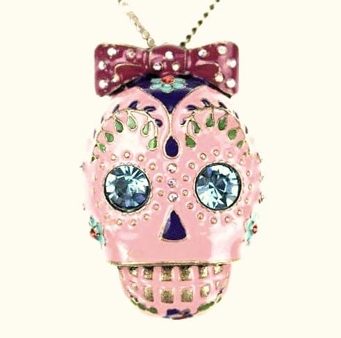Pink Enamel & Blue Crystal Sugar Skull Day of the Dead Necklace with Gift Box