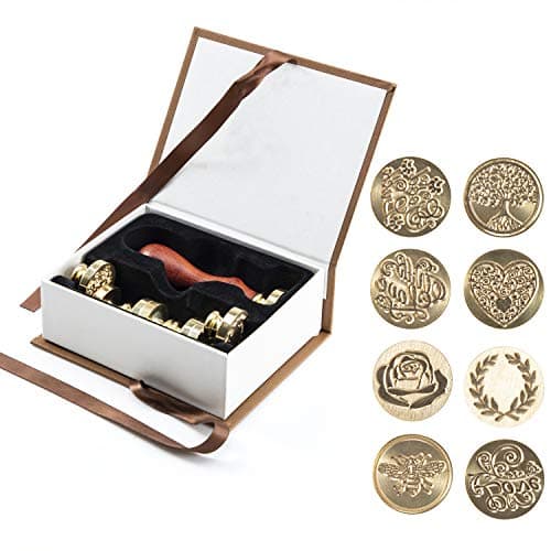 Waloden Wax Seal Stamp Set incl 8 Pieces Brass Sealing Wax Stamps 1 Piece Wooden Handle Box-Packed Retro Wax Stamp Set