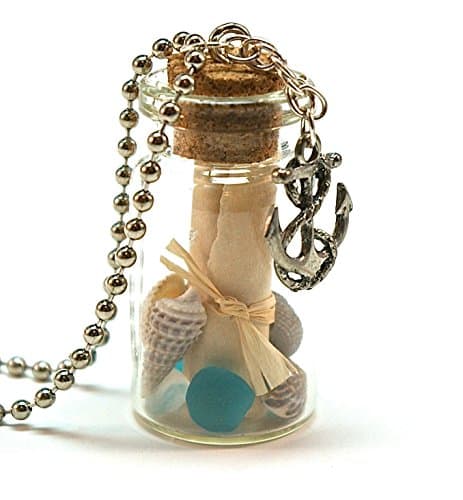 Message in a Bottle Necklace- Mini Glass Bottle with Tied Scroll, Anchor Charm, Sea Glass and Shells