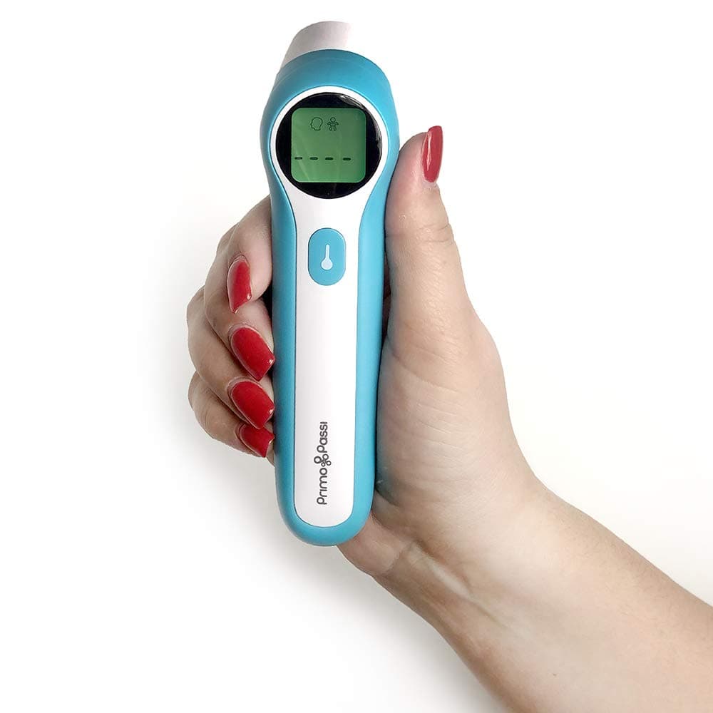Primo Passi 8-in-1 Forehead & Ear Thermometer for Baby and Adults – Non Contact Infrared Thermometer with Fast Readings, Fever Alert, °F/°C Switch, Child Mode, Includes Batteries