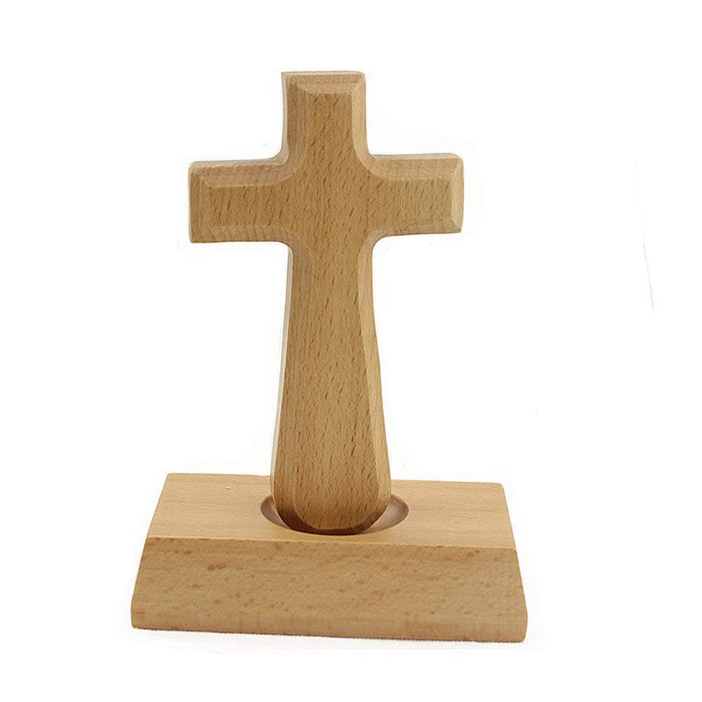 Shock Beech Wood Standing Christian Cross With Magnetic Base Jesus Crucifix Wooden Communion Cross Tabletop Decor for Home & Office (Rectangle)