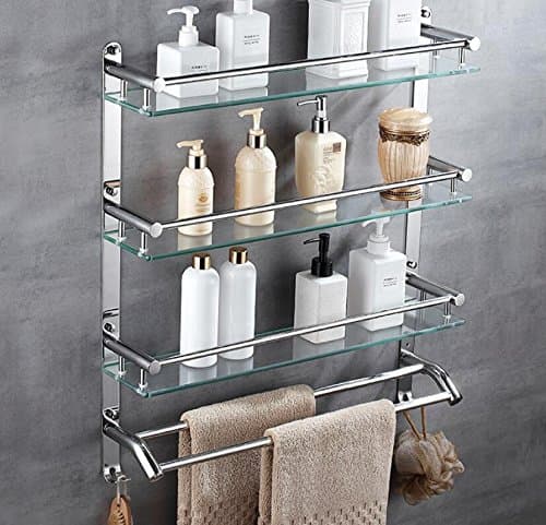 Bathroom glass shelf,304 stainless steel towel rack,shelf,bathroom rack,double wall glass hanging,40cm,Three layer double pole hook